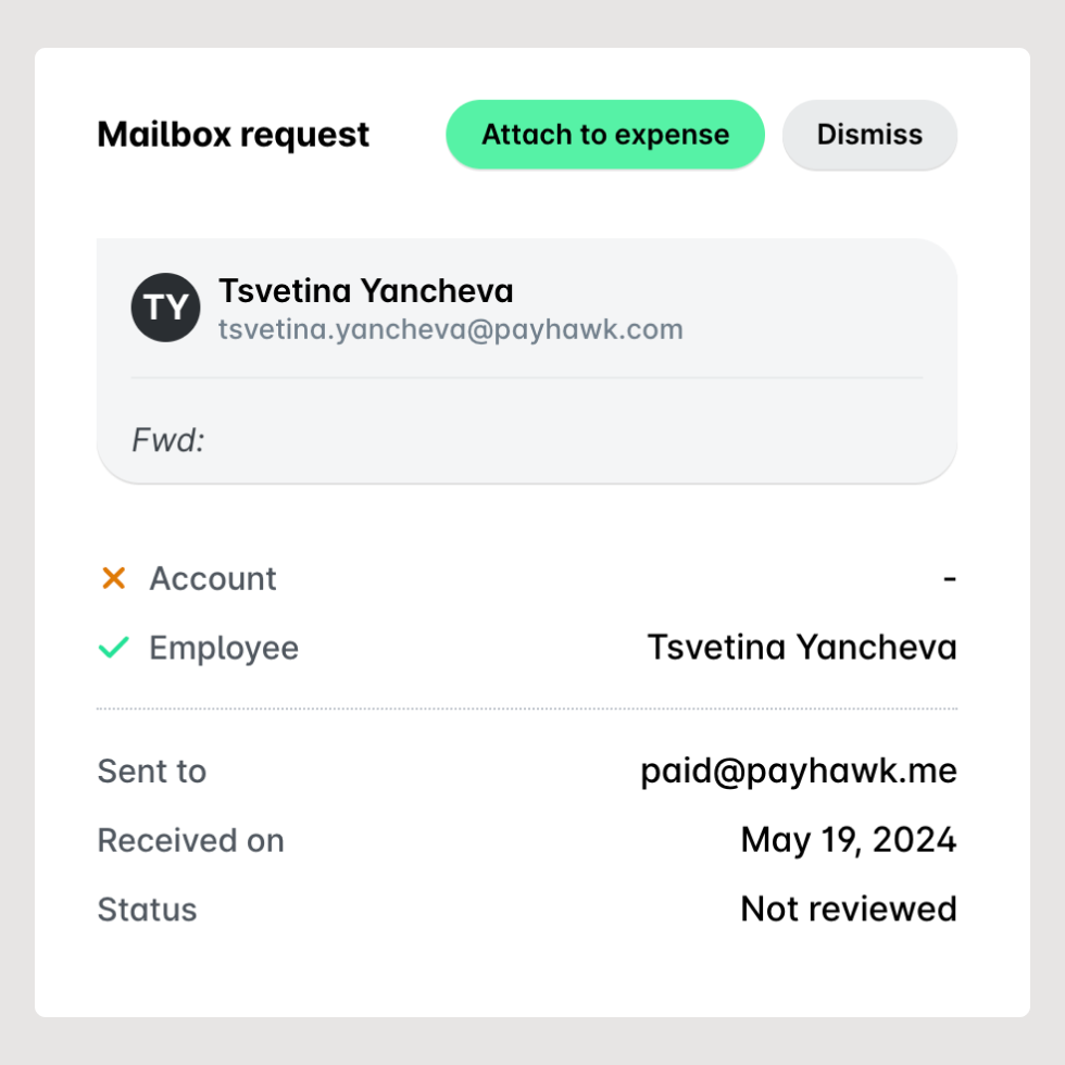 Spend management feature improvement - Attaching expense receipts through a mailbox, employee view